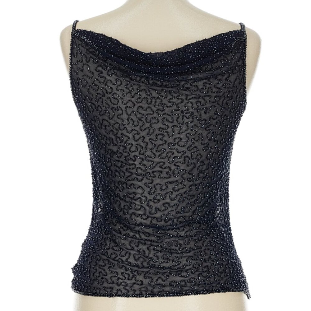 Vintage Beaded Cowl Neck Tank Top Sheer Blue Going Out Boat Neck Shirt Mesh M